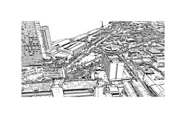 Print Building view with landmark of Port of Spain is the capital in Trinidad and Tobago. Hand drawn sketch illustration in vector.