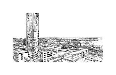 Print Building view with landmark of Port of Spain is the capital in Trinidad and Tobago. Hand drawn sketch illustration in vector.