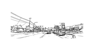 Print Building view with landmark of Port Alberni is the city in Canada. Hand drawn sketch illustration in vector. 