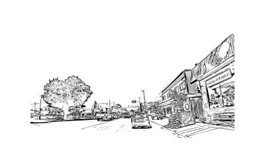 Print Building view with landmark of Port Alberni is the city in Canada. Hand drawn sketch illustration in vector. 
