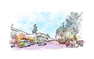 Print Building view with landmark of Port Alberni is the city in Canada. Watercolor splash with hand drawn sketch illustration in vector. 