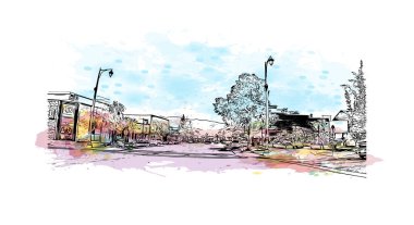 Print Building view with landmark of Port Alberni is the city in Canada. Watercolor splash with hand drawn sketch illustration in vector. 