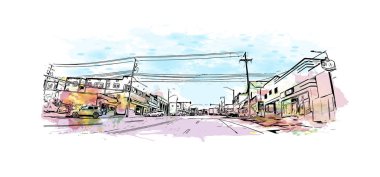 Print Building view with landmark of Port Alberni is the city in Canada. Watercolor splash with hand drawn sketch illustration in vector. 