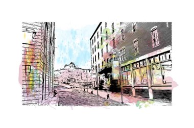 Print Building view with landmark of Portland is the city in Maine. Watercolor splash with hand drawn sketch illustration in vector.
