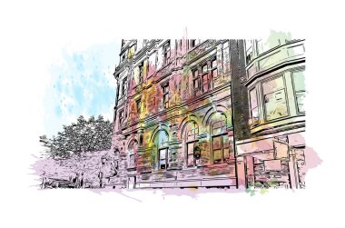 Print Building view with landmark of Portland is the city in Maine. Watercolor splash with hand drawn sketch illustration in vector.