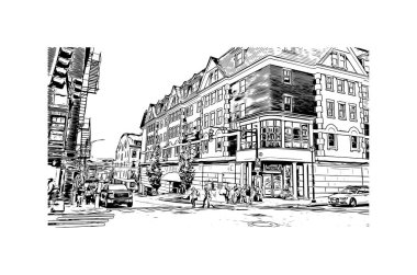 Print Building view with landmark of Portland is the city in Maine. Hand drawn sketch illustration in vector.