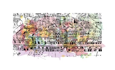 Print Building view with landmark of Porto is a coastal city in northwest Portugal. Watercolor splash with hand drawn sketch illustration in vector.