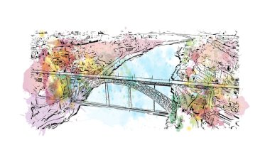 Print Building view with landmark of Porto is a coastal city in northwest Portugal. Watercolor splash with hand drawn sketch illustration in vector.