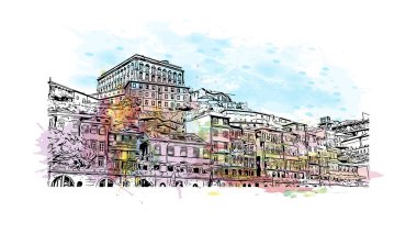 Print Building view with landmark of Porto is a coastal city in northwest Portugal. Watercolor splash with hand drawn sketch illustration in vector.