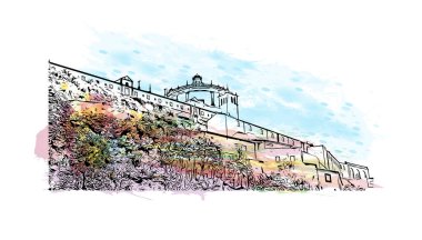 Print Building view with landmark of Porto is a coastal city in northwest Portugal. Watercolor splash with hand drawn sketch illustration in vector.