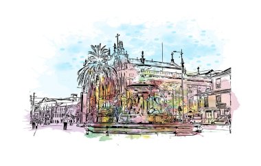 Print Building view with landmark of Porto is a coastal city in northwest Portugal. Watercolor splash with hand drawn sketch illustration in vector.