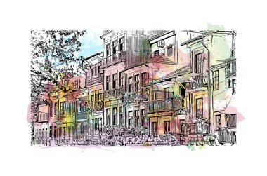 Print Building view with landmark of Porto is a coastal city in northwest Portugal. Watercolor splash with hand drawn sketch illustration in vector.