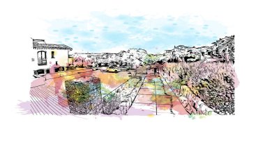 Print Building view with landmark of Porto Cervo is the comune in Italy. Watercolor splash with hand drawn sketch illustration in vector.