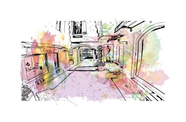 Print Building view with landmark of Porto Cervo is the comune in Italy. Watercolor splash with hand drawn sketch illustration in vector.