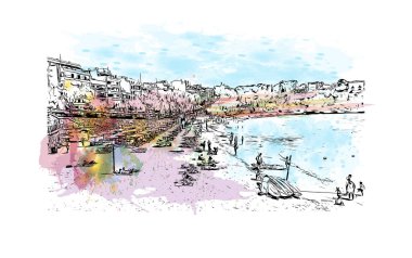 Print Building view with landmark of Porto Cristo is the town in  Spain. Watercolor splash with hand drawn sketch illustration in vector.
