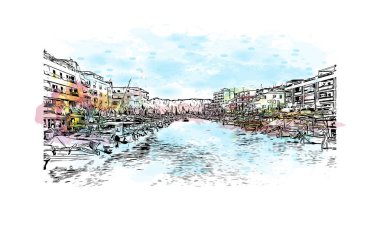 Print Building view with landmark of Porto Cristo is the town in  Spain. Watercolor splash with hand drawn sketch illustration in vector.