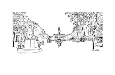 Print Building view with landmark of Porto Novo is the capital of Benin. Hand drawn sketch illustration in vector.