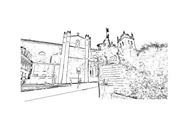 Print Building view with landmark of Porto Novo is the capital of Benin. Hand drawn sketch illustration in vector.