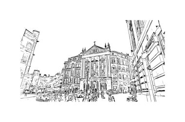 Print Building view with landmark of Porto Novo is the capital of Benin. Hand drawn sketch illustration in vector.