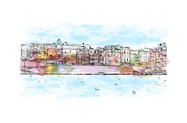 Print Building view with landmark of Porto Novo is the capital of Benin. Watercolor splash with hand drawn sketch illustration in vector.