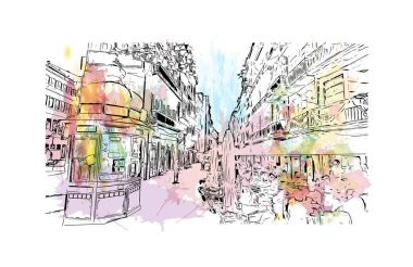 Print Building view with landmark of Porto Novo is the capital of Benin. Watercolor splash with hand drawn sketch illustration in vector.