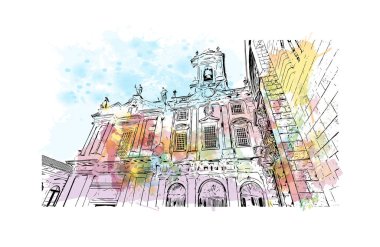 Print Building view with landmark of Porto Novo is the capital of Benin. Watercolor splash with hand drawn sketch illustration in vector.
