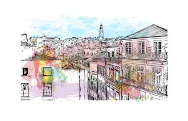 Print Building view with landmark of Porto Novo is the capital of Benin. Watercolor splash with hand drawn sketch illustration in vector.