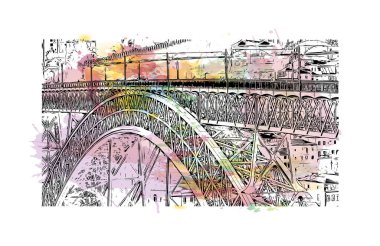 Print Building view with landmark of Porto Novo is the capital of Benin. Watercolor splash with hand drawn sketch illustration in vector.