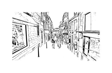 Print Building view with landmark of Porto Vecchio is the commune in France. Hand drawn sketch illustration in vector.