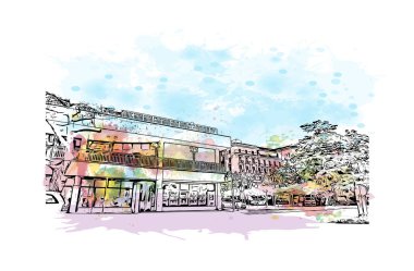 Print Building view with landmark of Portoroz is a resort town in Slovenia. Watercolor splash with hand drawn sketch illustration in vector.