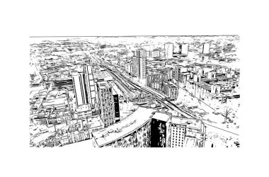 Print Building view with landmark of Portsmouth is the city in New Hampshire. Hand drawn sketch illustration in vector.