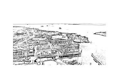 Print Building view with landmark of Portsmouth is the city in New Hampshire. Hand drawn sketch illustration in vector.