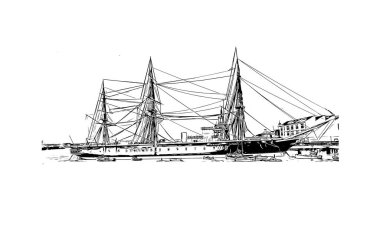 Print Building view with landmark of Portsmouth is the city in New Hampshire. Hand drawn sketch illustration in vector.