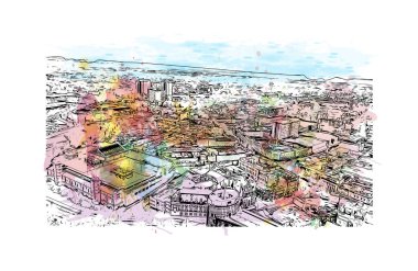 Print Building view with landmark of Portsmouth is the city in New Hampshire. Watercolor splash with hand drawn sketch illustration in vector.