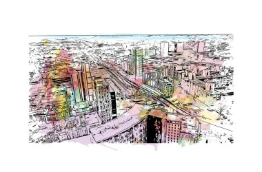 Print Building view with landmark of Portsmouth is the city in New Hampshire. Watercolor splash with hand drawn sketch illustration in vector.
