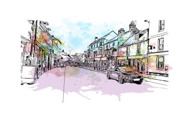 Print Building view with landmark of Portsmouth is the city in England. Watercolor splash with hand drawn sketch illustration in vector.