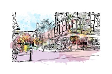 Print Building view with landmark of Portsmouth is the city in England. Watercolor splash with hand drawn sketch illustration in vector.