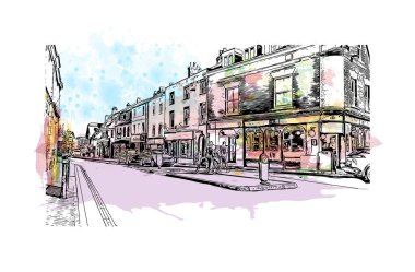 Print Building view with landmark of Portsmouth is the city in England. Watercolor splash with hand drawn sketch illustration in vector.