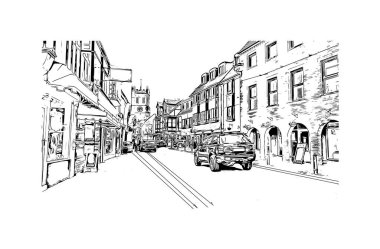 Print Building view with landmark of Portsmouth is the city in England. Hand drawn sketch illustration in vector.