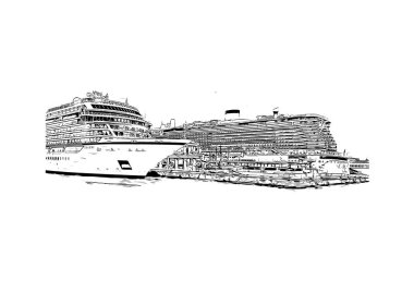 Print Building view with landmark of Positano is the village in Italy. Hand drawn sketch illustration in vector.