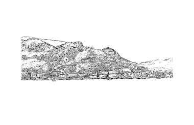 Print Building view with landmark of Positano is the village in Italy. Hand drawn sketch illustration in vector.