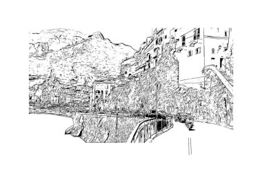 Print Building view with landmark of Positano is the village in Italy. Hand drawn sketch illustration in vector.