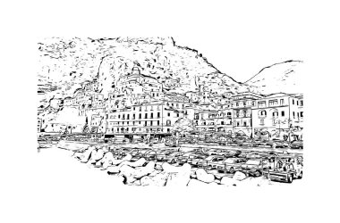 Print Building view with landmark of Positano is the village in Italy. Hand drawn sketch illustration in vector.