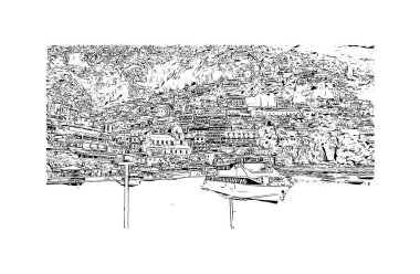 Print Building view with landmark of Positano is the village in Italy. Hand drawn sketch illustration in vector.