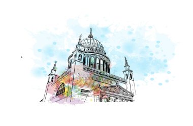 Print Building view with landmark of Potsdam is the city in Germany. Watercolor splash with hand drawn sketch illustration in vector.