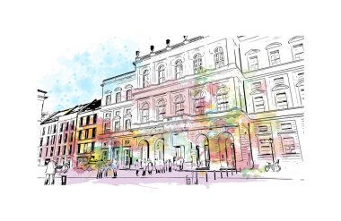 Print Building view with landmark of Potsdam is the city in Germany. Watercolor splash with hand drawn sketch illustration in vector.