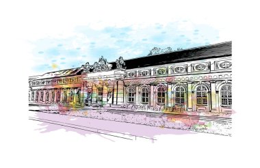 Print Building view with landmark of Potsdam is the city in Germany. Watercolor splash with hand drawn sketch illustration in vector.