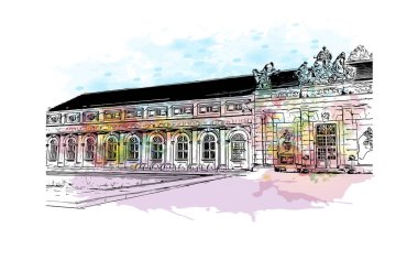 Print Building view with landmark of Potsdam is the city in Germany. Watercolor splash with hand drawn sketch illustration in vector.