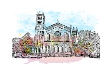 Print Building view with landmark of Potsdam is the city in Germany. Watercolor splash with hand drawn sketch illustration in vector.