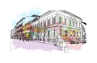 Print Building view with landmark of Potsdam is the city in Germany. Watercolor splash with hand drawn sketch illustration in vector.